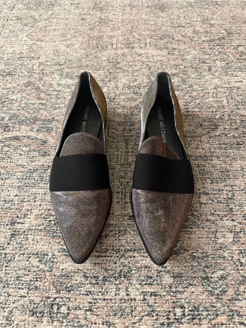 Stuart Weitzman Size 9.5 Metallic Pewter Pointed Slip-On Loafers with Black Band